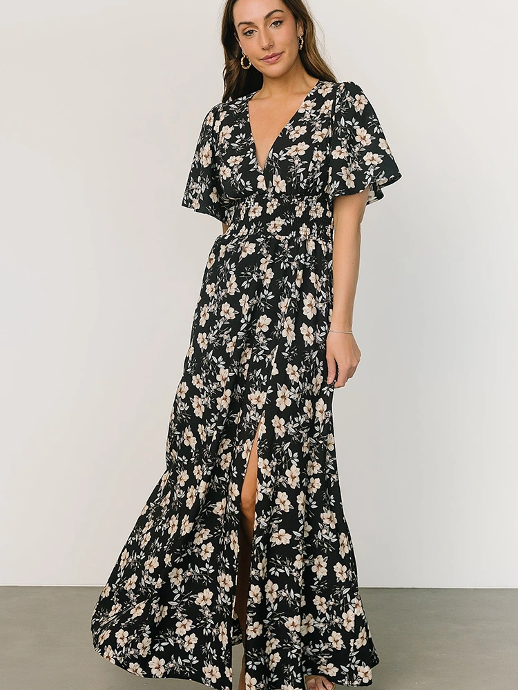 Maxi-jurk van chiffon met bloemenprint en V-hals